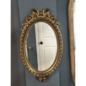 Home Interiors Hollywood Regency Gold Ornate Oval Accent Wall Mirror Bow Flowers